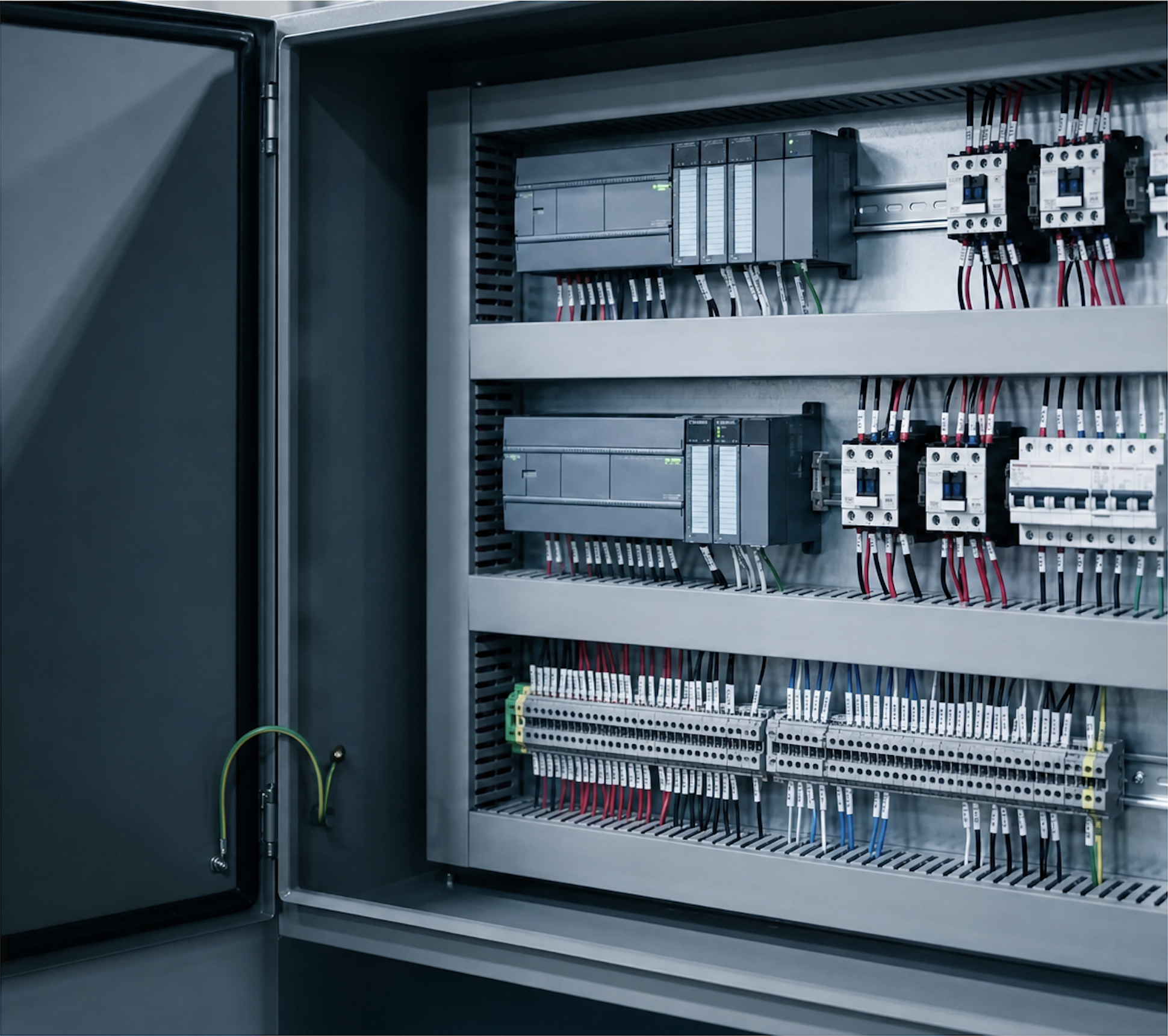 Open control cabinet with PLCs, contactors, wire duct and labeled terminal blocks