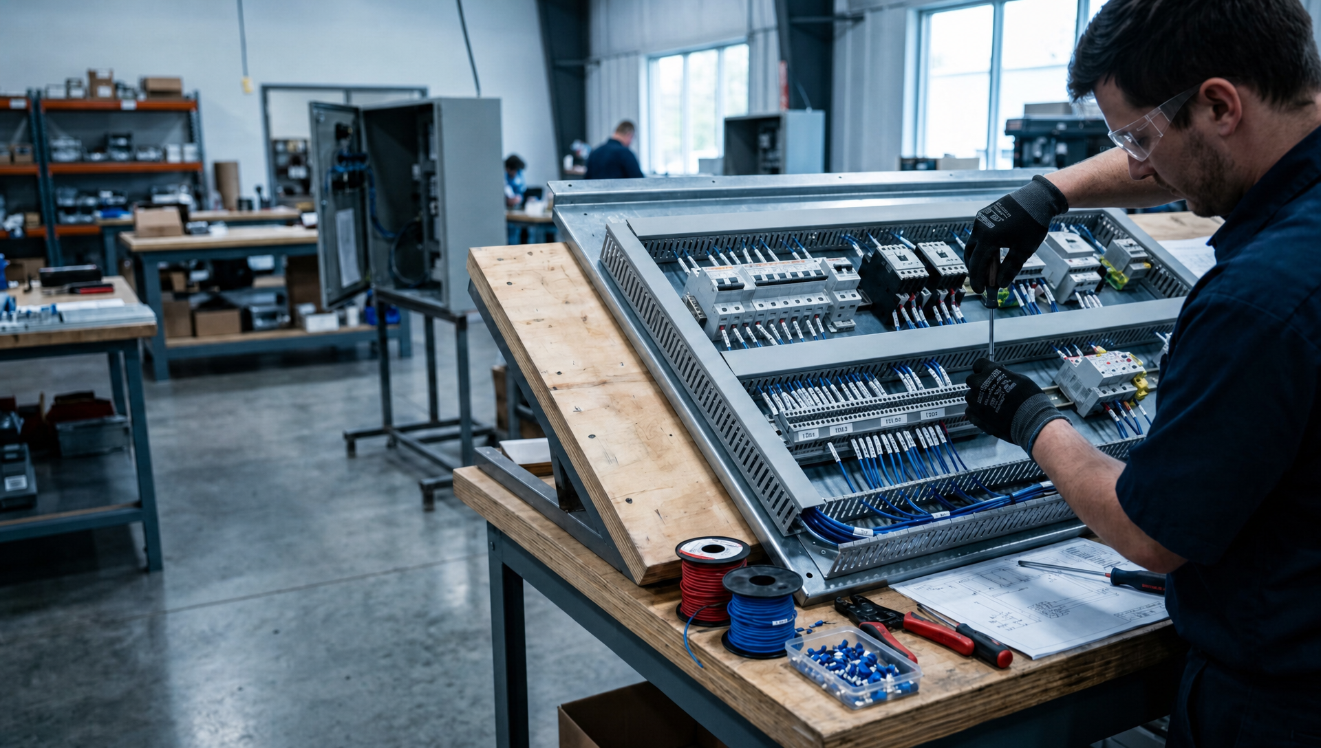 A technician wiring a tilted control panel on a shop bench, with wire spools and drawings beside it