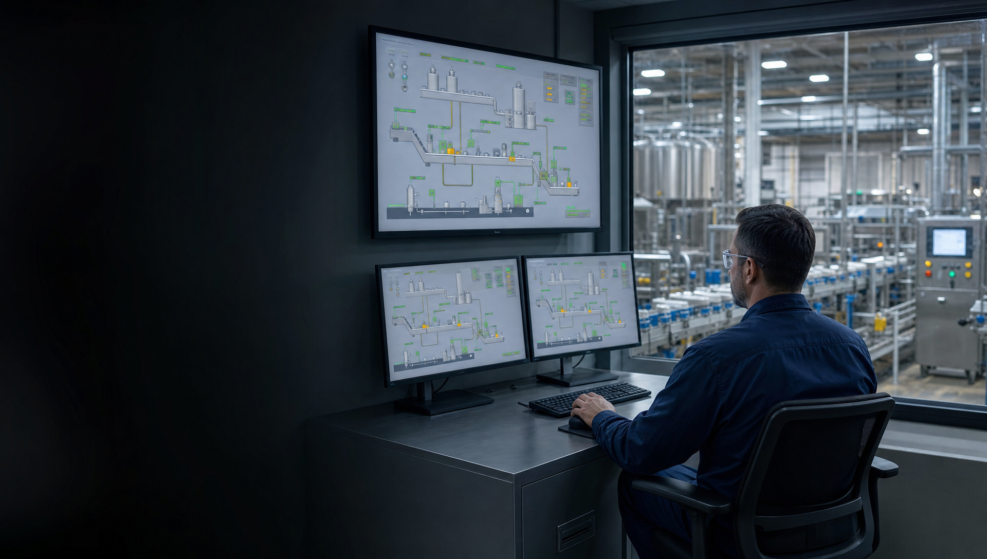 An operator at a desk watching SCADA process screens, with the production floor visible through the window