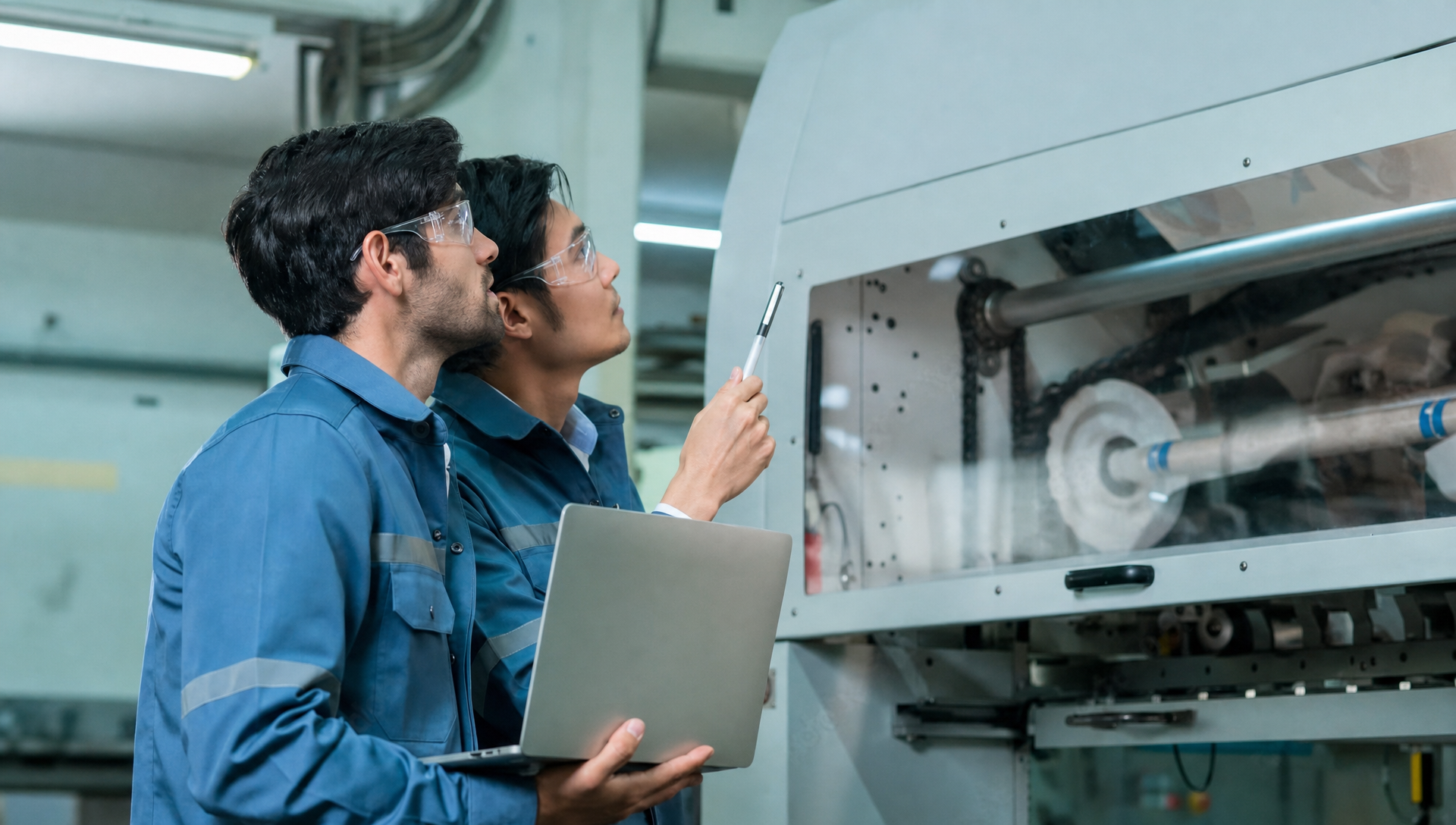 Two engineers in safety glasses inspecting a machine, one holding a laptop and the other pointing at the equipment
