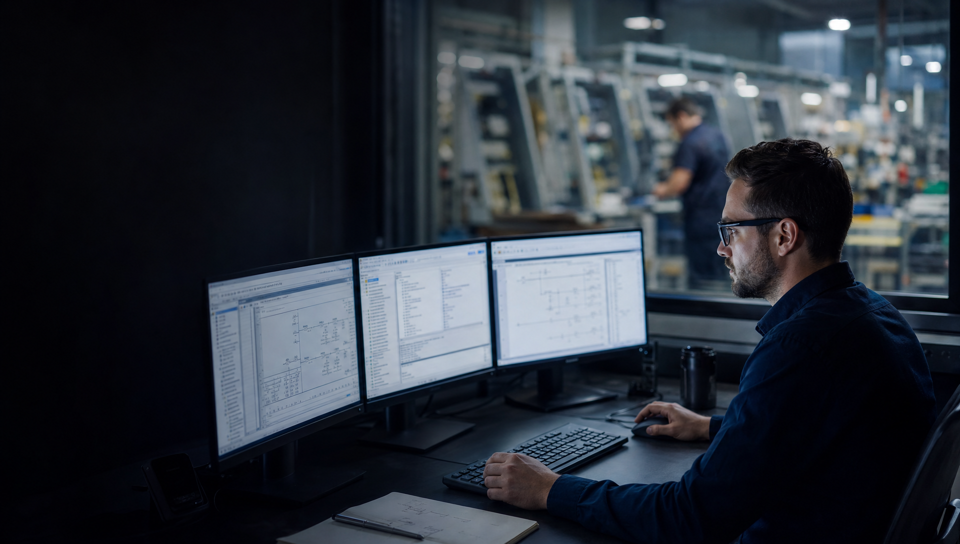 An engineer at a desk with three monitors showing schematics and spreadsheets, with a factory floor visible through the window