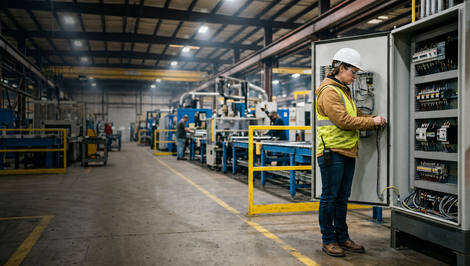 A technician in a hard hat and high-visibility vest standing beside an open electrical control panel on the factory floor