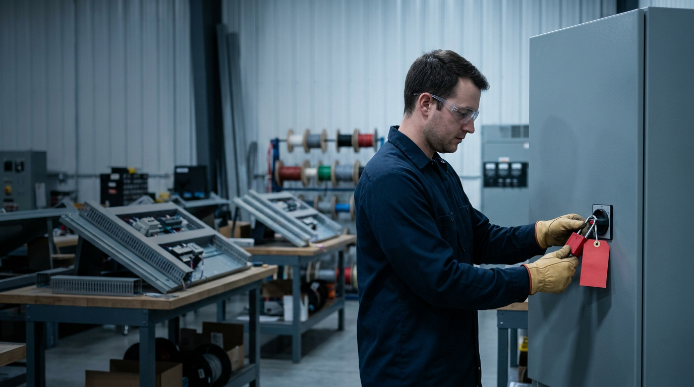 A technician in safety glasses and gloves applying a red lockout tag to a control cabinet disconnect