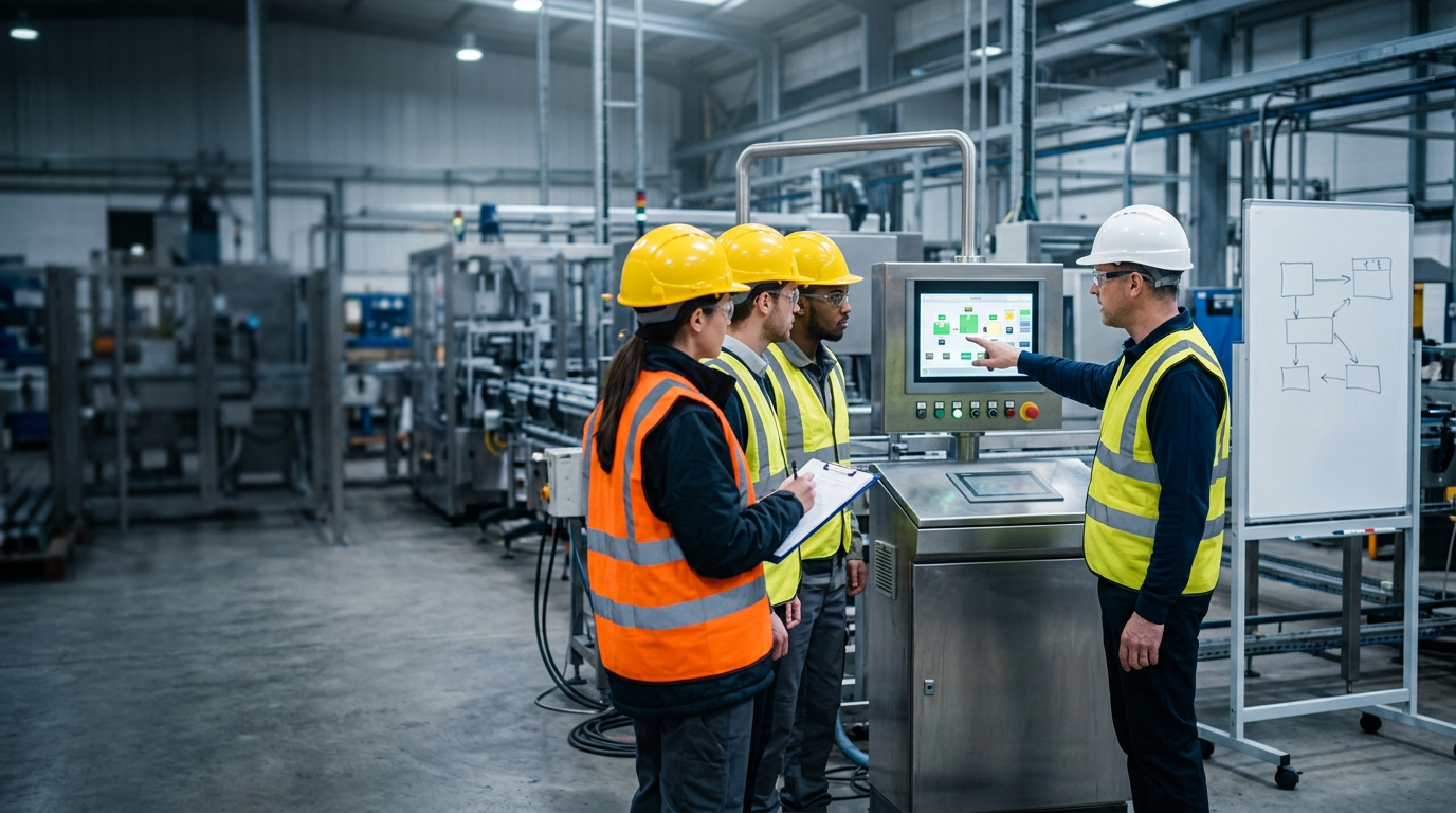An instructor in a hard hat pointing at a machine HMI while operators in safety vests take notes on the factory floor